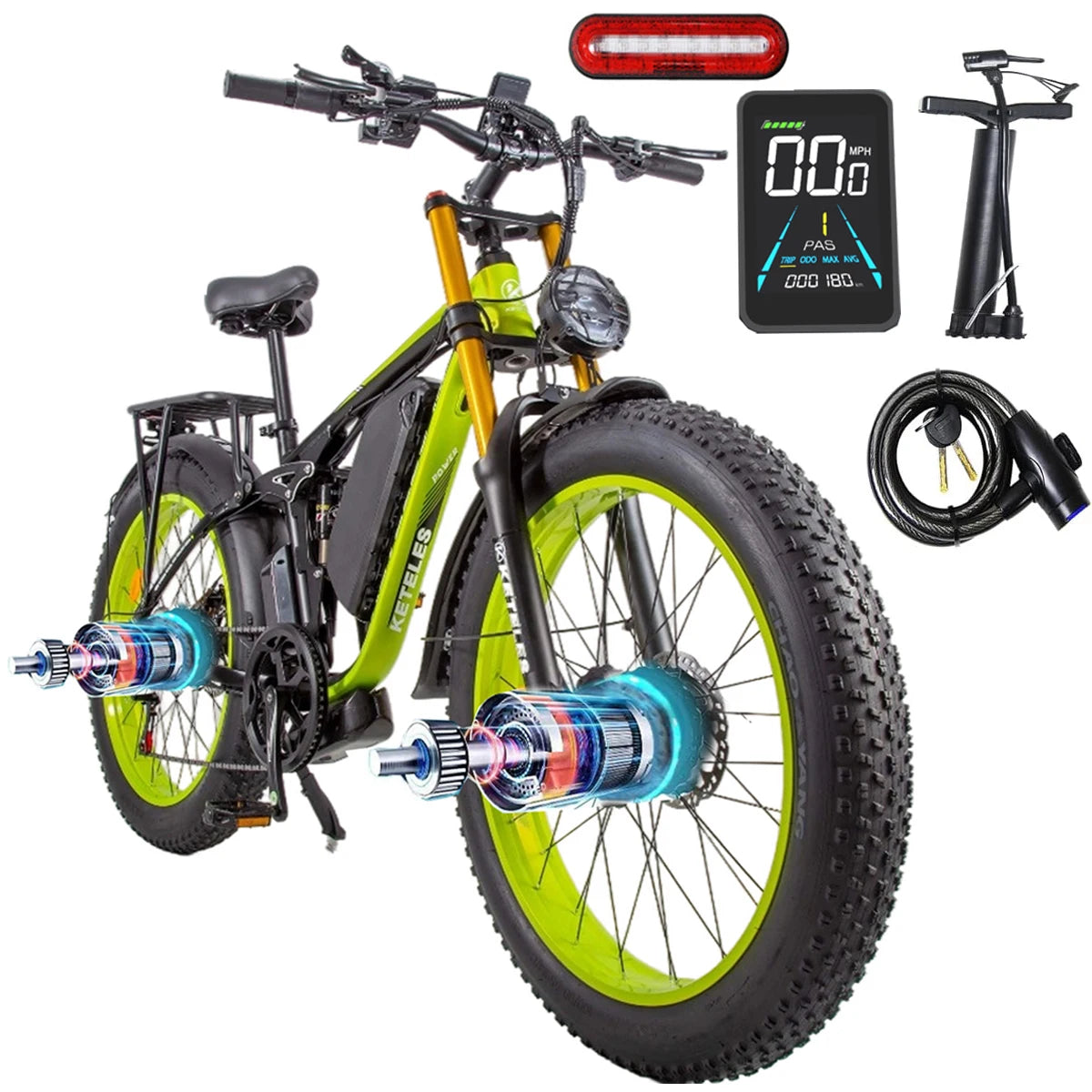 Keteles K800 Pro adult off-road electric bicycle, 2000W/1000W motors, 23AH/ 17.5Ah battery, 4.0'' fat tire full suspension ebike
