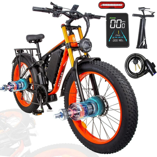Keteles K800 Pro adult off-road electric bicycle, 2000W/1000W motors, 23AH/ 17.5Ah battery, 4.0'' fat tire full suspension ebike