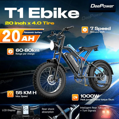 DeePower Electric Bike 20‘’*4.0 Fat Tires 1000W Motor 48V20AH Lithium Battery 55Km/h Electric Bicycle For Adults Mountain EBike Electric bikes