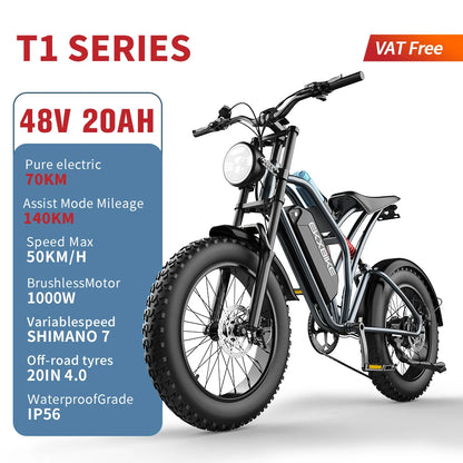 EKX T1 Road Electric Bike 20‘’*4.0 Fat Tires 1000W Motor 48V