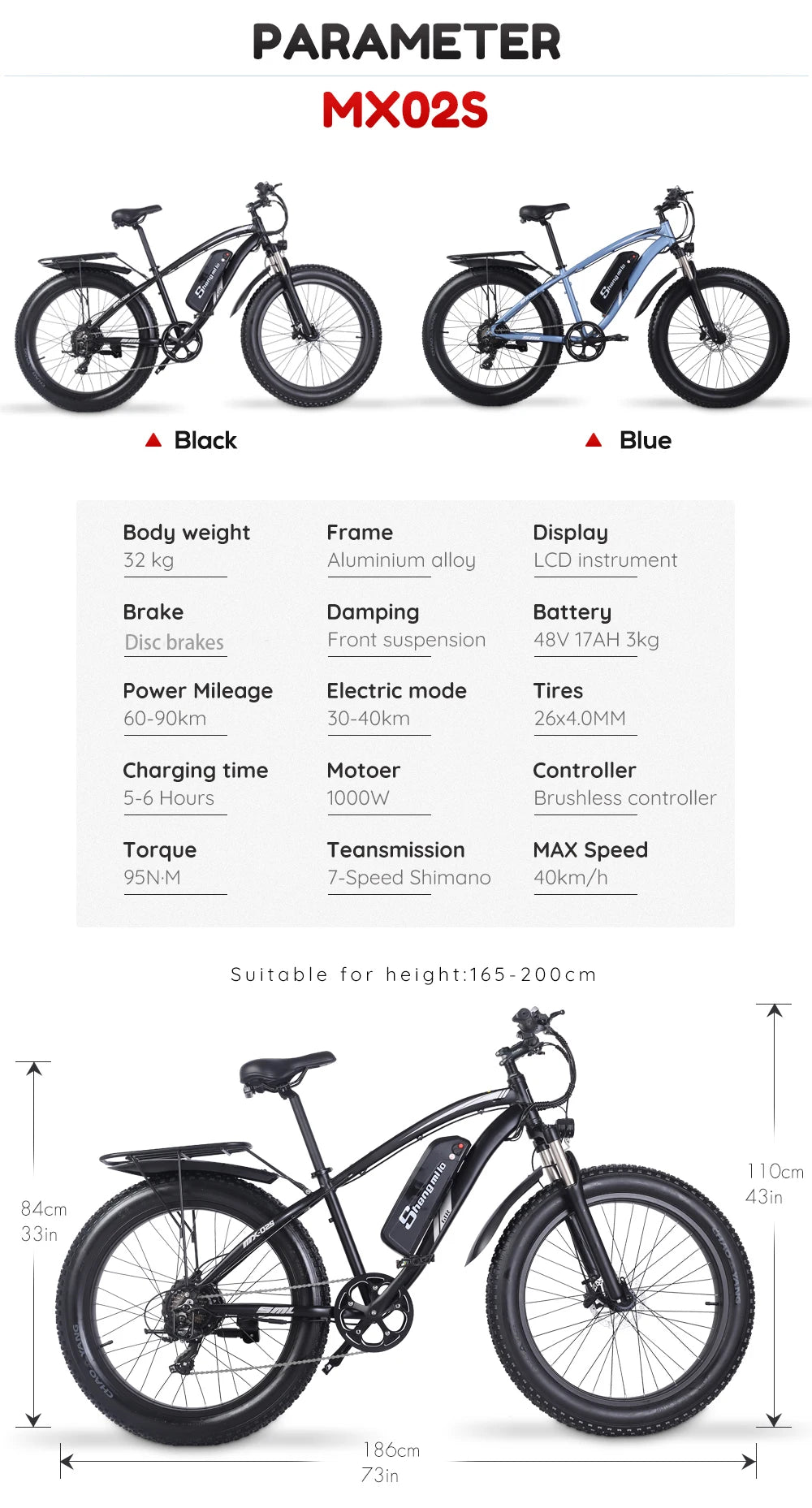 MX02S Electric Bike – 1000W Motor, Fat Tires, and High-Performance